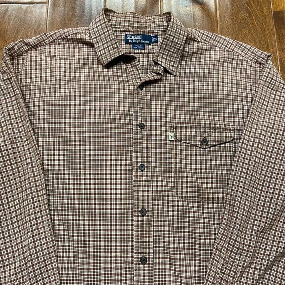Polo Ralph Lauren Wyatt Vintage Button Down Cotton Plaid Brown White Shirt XL - Picture 2 of 9